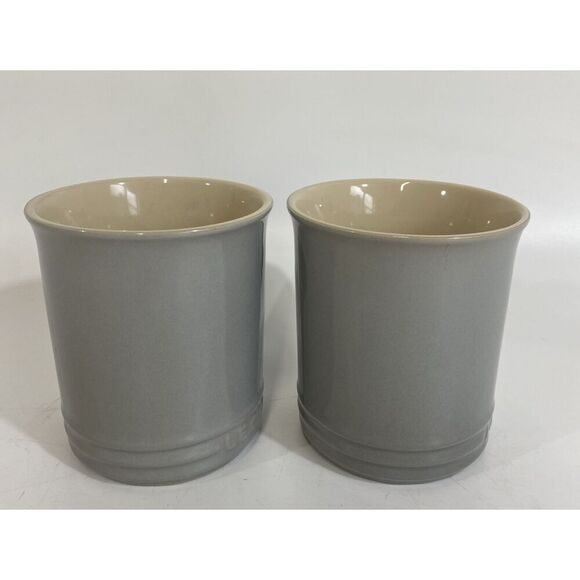 Le Creuset Coffee Tea Mug Gray Ceramic 4” Taupe Interior Set Of (2) - Picture 7 of 8